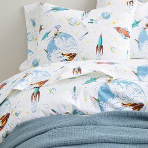 Garnet Hill Glow-in-the-Dark White Rockets Flannel Sheet Set - Twin